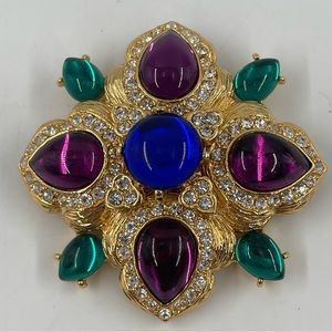 Vintage Joan River Gold-Tone Gripoix Cluster Stone Maltese Cross Brooch Pin RARE